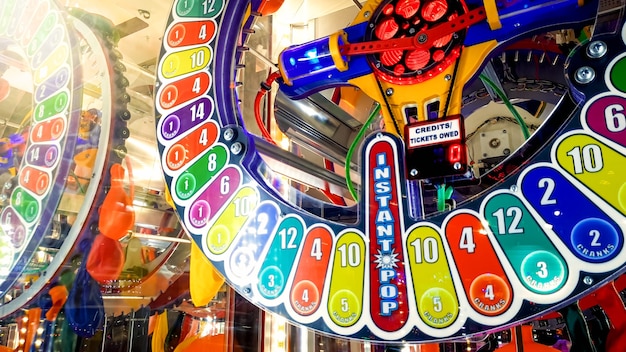 Closeup image of colorful illuminated neon display on the one handed pull gambling machine in casino. Pull handle and grab your chance to win prize or jackpot in lottery