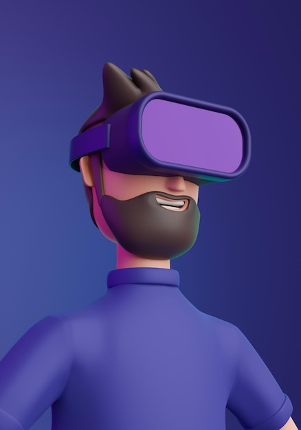 Closeup of a 3D cartoon character man with VR glasses concept of technology 3d render illustration