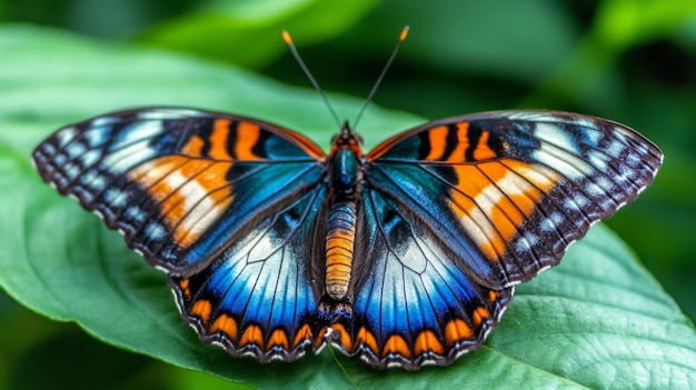 Closeup of a butterfly with detailed wings in sharp focus showing intricate patterns