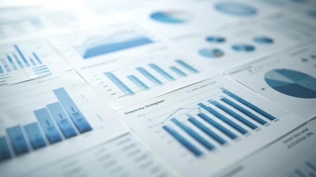closeup of a collection of business documents with various types of charts and graphs