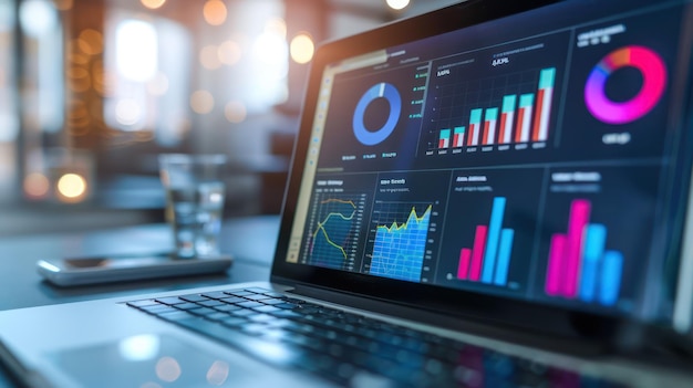 Closeup of a digital marketing automation software dashboard with analytics and workflow charts