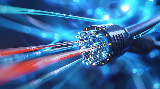Closeup of a fiber optic cable connector transmitting data streams illuminated by blue light