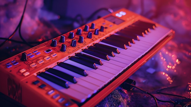 Closeup of a synthesizer with orange and black keys The synthesizer is illuminated by a purple light creating a dramatic and mysterious atmosphere