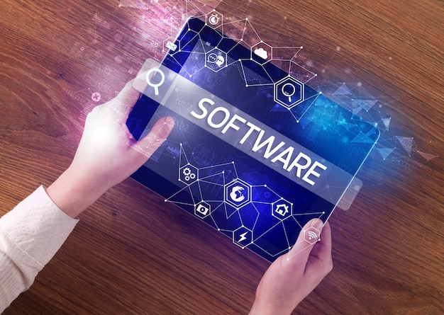 closeup of a tablet searching software inscription hitech computing concept