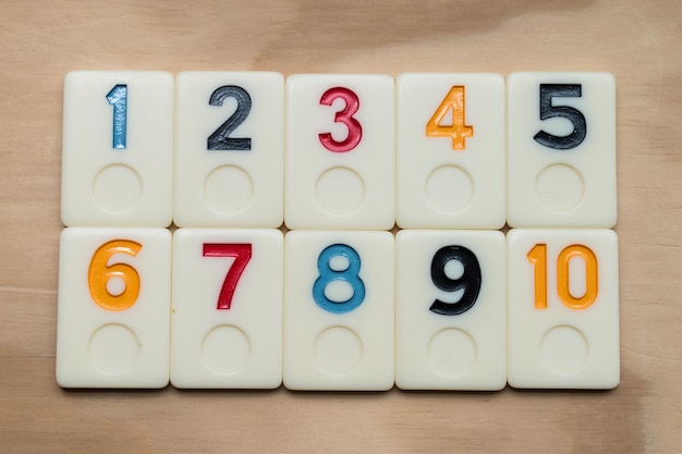 Closeup of a tile game with a set of 10 tiles