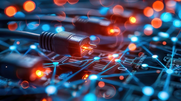 Closeup of electronic cables connected to a circuit board with glowing lights