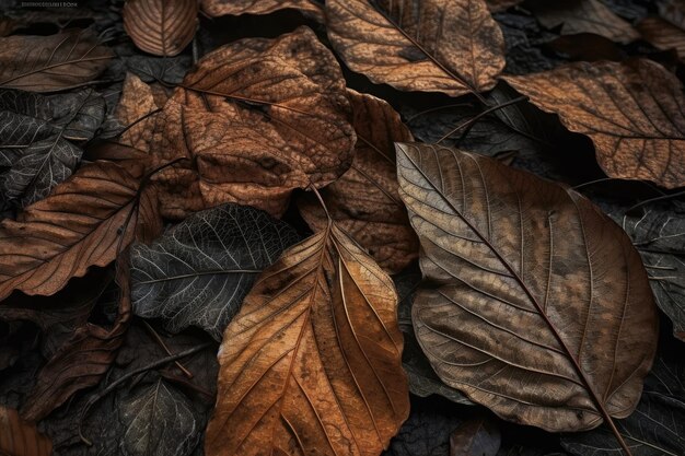 Closeup of fallen leaves with intricate patterns and textures visible created with generative ai