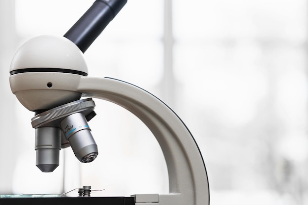 Closeup of professional microscope on a workplace in a laboratory