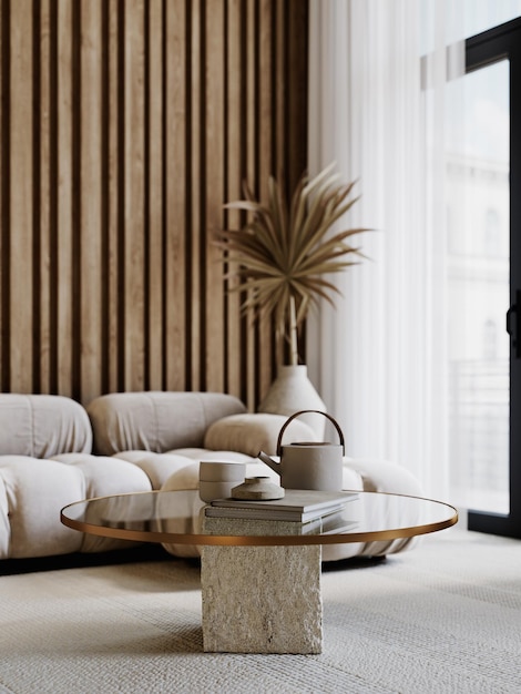 closeup of the interior with coffee table decor and sofa d rendeer illustration mockup