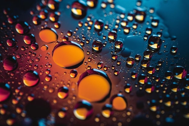 Closeup oily bubbles and droplets in colourful watery backdrop