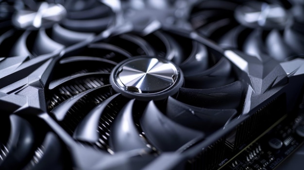 Closeup view of a modern GPU with detailed cooling fans
