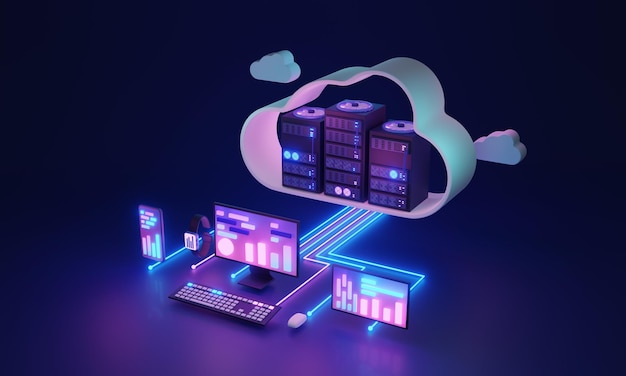 Cloud computing and database upload center hosting 3D illustration concept