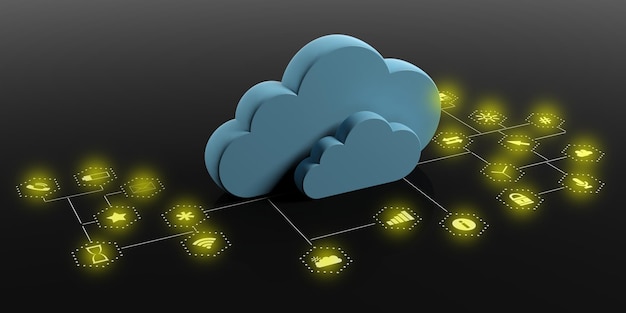 Cloud computing and mobile apps Blue clouds on black background 3d illustration
