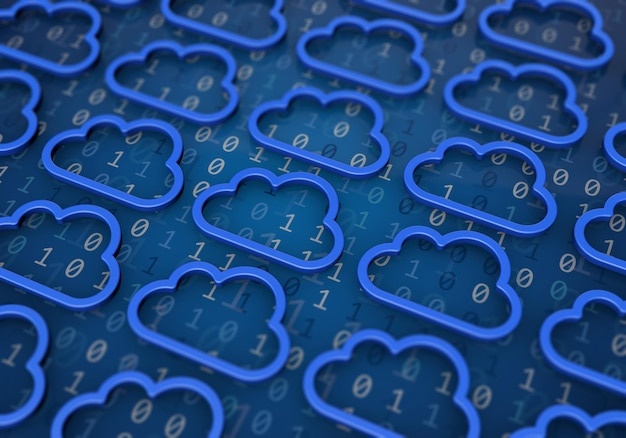 cloud computing concept blue cloud shape on a binary code background 3d rendering