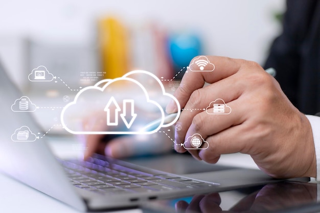 Cloud computing concept connect to cloud Businessman or information technologist click on cloud computing icon