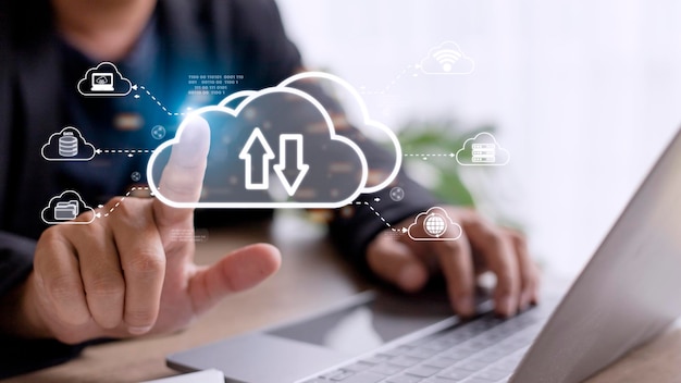 Cloud computing concept connect to cloud Businessman or information technologist click on cloud computing icon