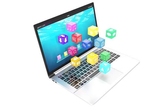 Cloud computing concept white laptop with cloud of color application icons isolated on white background 3d illustration
