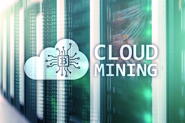 Cloud computing data or cryptocurrency Bitcoin Ethereum mining in data center Server room background