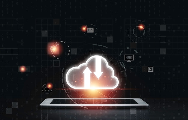 Cloud computing-ikon på tablet med kopiområde til overførsel af dataoplysninger og upload download-applikation. Teknologitransformationskoncept.
