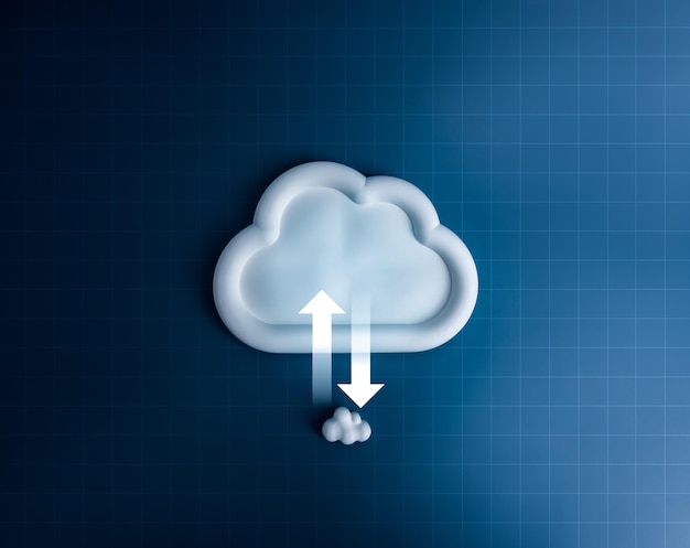 cloud computing infrastructure technology data system storage service concept upload and download icon transfer arrows sign on big and small cloud with network grid pattern on blue background