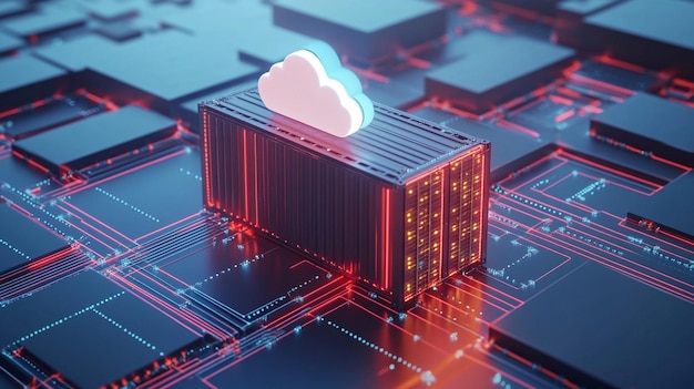 Cloud Computing Technology with a Glowing Container and Network Lines Symbolizing Data Storage with a Glowing Container and Network Lines
