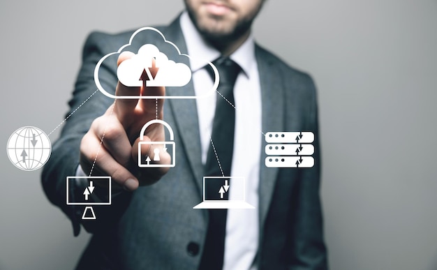 Cloud storage. concept world network storage. man presses the screen