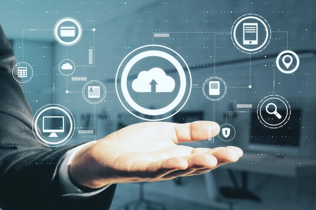 Cloud storage technology concept with man palm and digital internet service icons set above