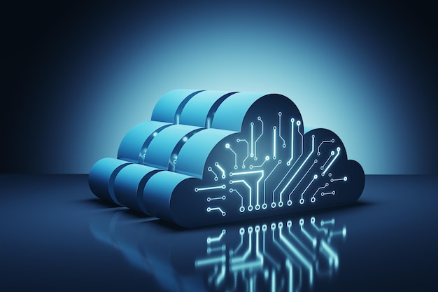 cloud technology data exchange and storage concept with 3d digital cloud symbol with circuit on dark blue abstract technological background 3d rendering