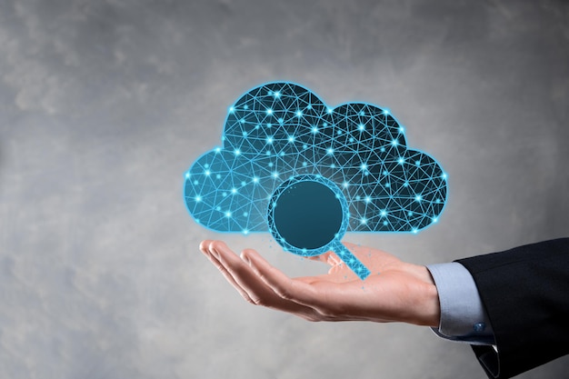 Cloud technology. Polygonal wireframe cloud storage sign with search magnifier icon on dark blue. Cloud computing, big data center, future infrastructure, digital ai concept. Virtual hosting symbol