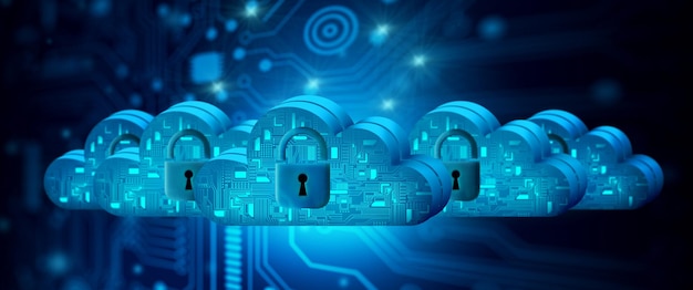Cloudcomputing-teknologi og hængelås sikkerhedsikon Internet Storage på datanetværk med teknologibaggrund Sikkerhed Cloud Service Cloud Storage koncept 3D-illustration