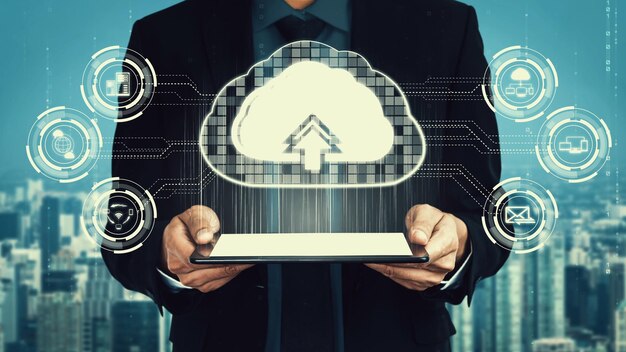 Cloudcomputing-teknologi og online datalagring til et smart forretningsnetværkskoncept
