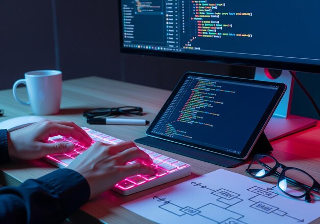 Coding and Programming Setup with Illuminated Keyboard and Display