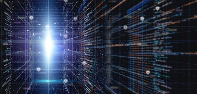 Coding cyber hologram and programming by dark background for information connection and data science Futuristic digital transformation software and cybersecurity for ux with quantum computing
