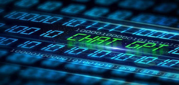 Coding hologram ai programming and dark background with chat machine large language model or app Big data cloud computing and artificial intelligence software on live web in technology abstract