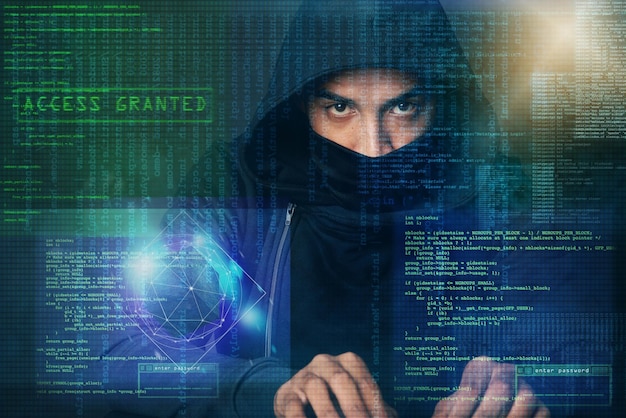 Coding overlay hacker and portrait of man for programming malware and information technology in dark Cybersecurity user interface and person with mockup for online crime fraud and install virus
