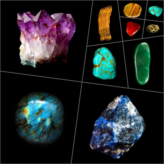 Collage af forskellige mineralsten og sten