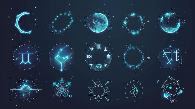collection of abstract geometric symbols glowing in blue on a dark background