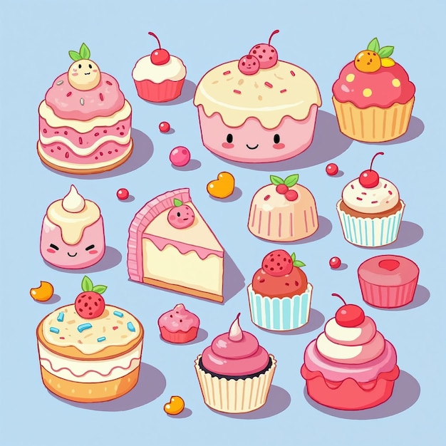 Collection of cute and delicious cupcakes and a slice of cake