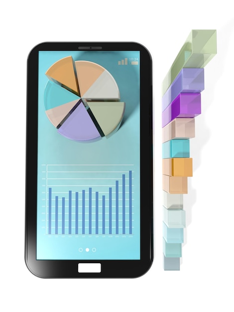 Colorful business pie and bar charts on tablet screen isolated on white