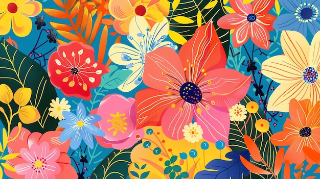 Colorful floral pattern with various flowers and leaves