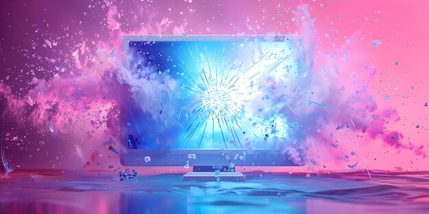 Colorful front view of a broken computer with exploding screen 3D render Concept 3D Render Broken Computer Exploding Screen Colorful Front View