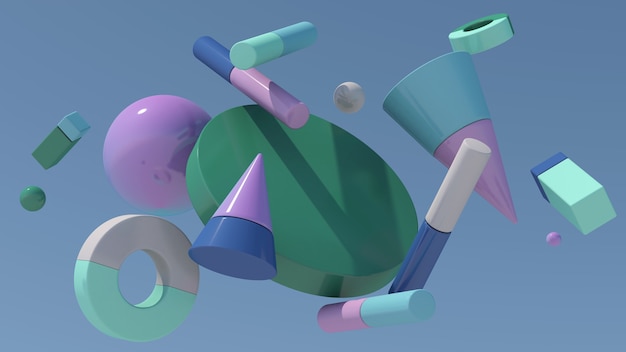 Colorful geometric shapes in the sky. Abstract illustration, 3d rendering.