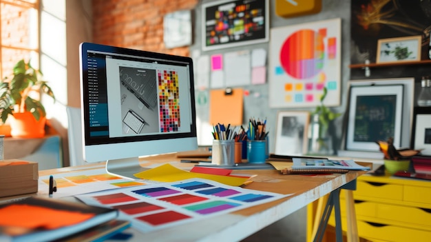 Colorful Graphic Design Workspace with Creative Tools