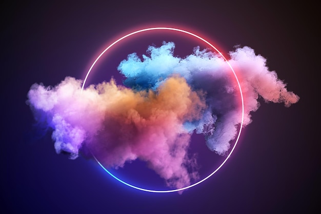 Colorful smoke swirls inside a light ring on dark background concept of modern design 3D Rendering