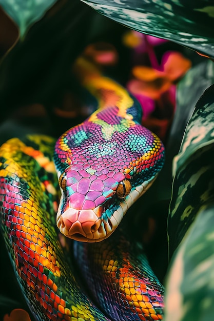 colorful snake blends into lush greenery in a vibrant tropical environment