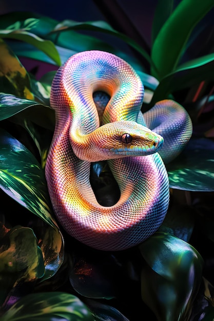 colorful snake spiraling among lush leaves in a vibrant natural habitat