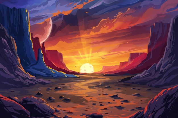 colorful sunset in a rocky canyon with blue moon