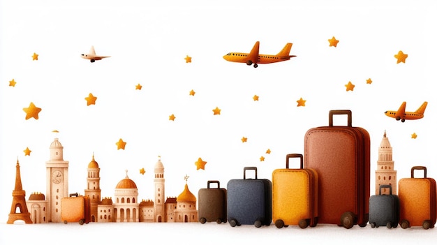 colorful travel illustration with landmarks and luggage for adventure themes