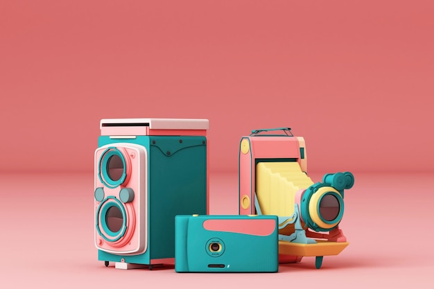 Colorful vintage camera on a pink background3d render