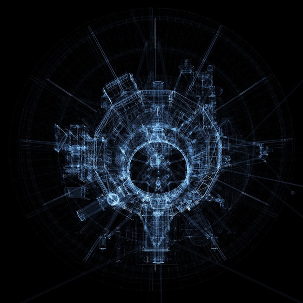 Communication satellite of luminous lines and dots. 3d illustration on a black background